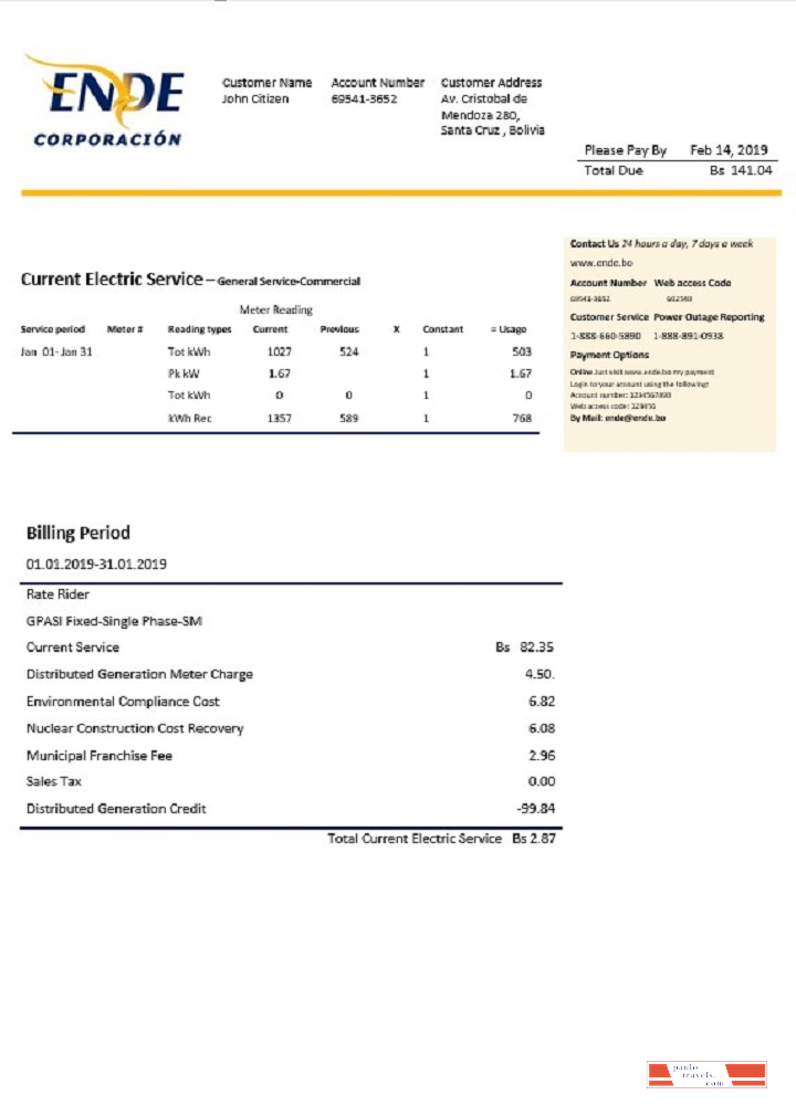 Bolivia ENDE Corporacion electricity utility bill